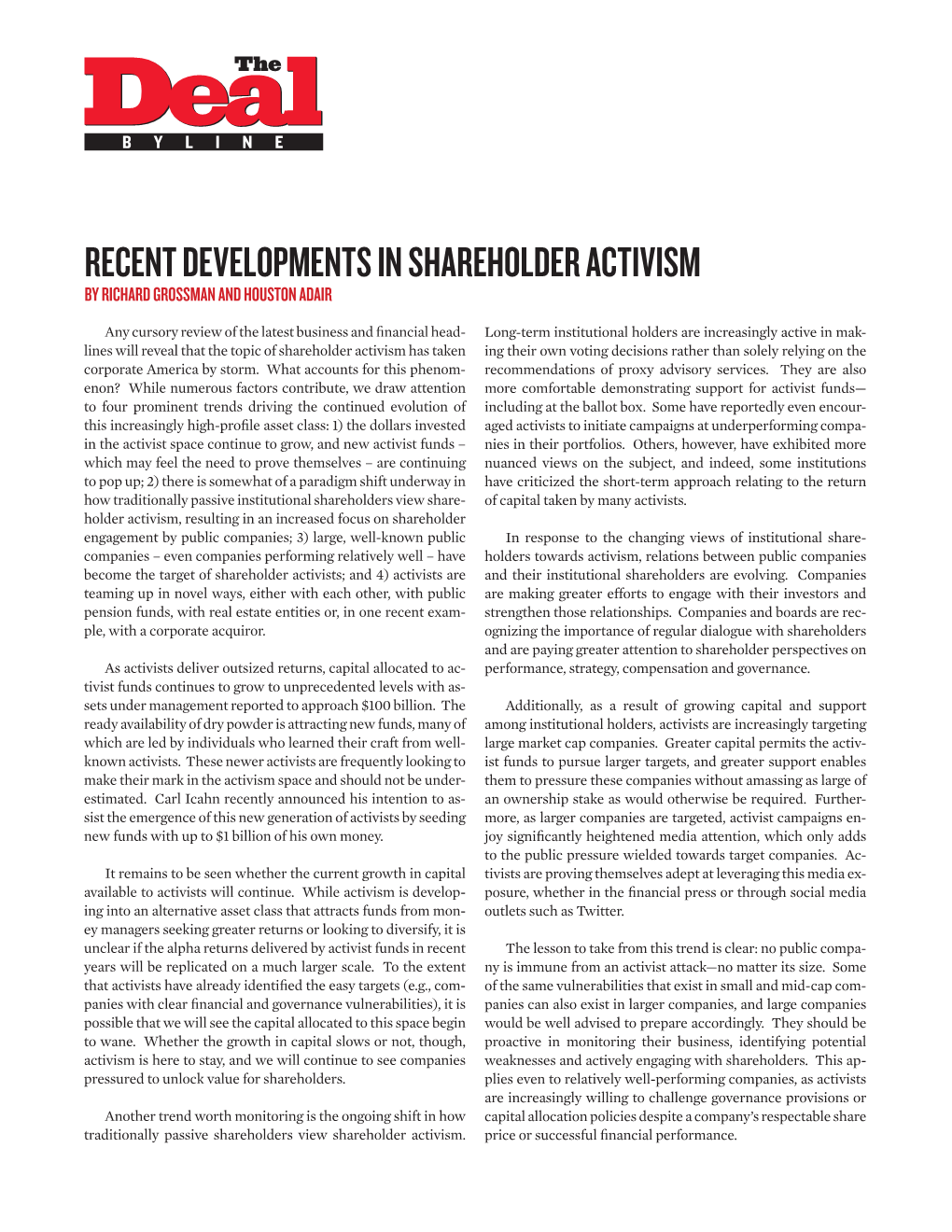 Recent Developments in Shareholder Activism by Richard Grossman and Houston Adair