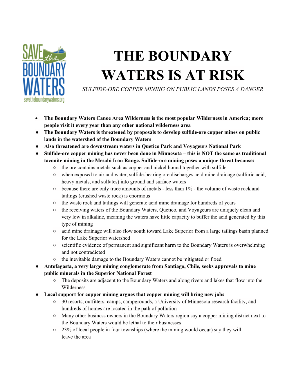 The Boundary Waters Is at Risk Sulfide-Ore Copper Mining on Public Lands Poses a Danger