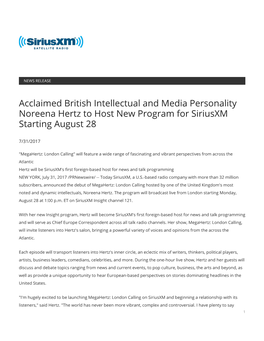 Acclaimed British Intellectual and Media Personality Noreena Hertz to Host New Program for Siriusxm Starting August 28