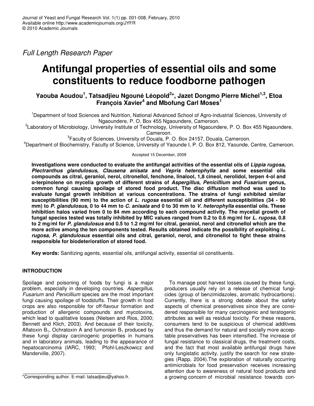 Antifungal Properties of Essential Oils and Some Constituents to Reduce Foodborne Pathogen
