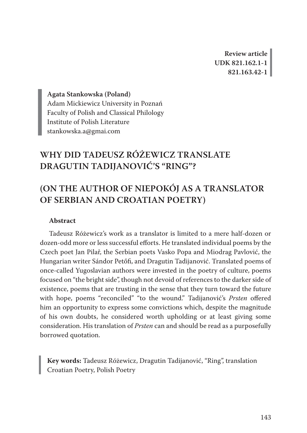 Why Did Tadeusz Różewicz Translate Dragutin Tadijanović’S “Ring”?