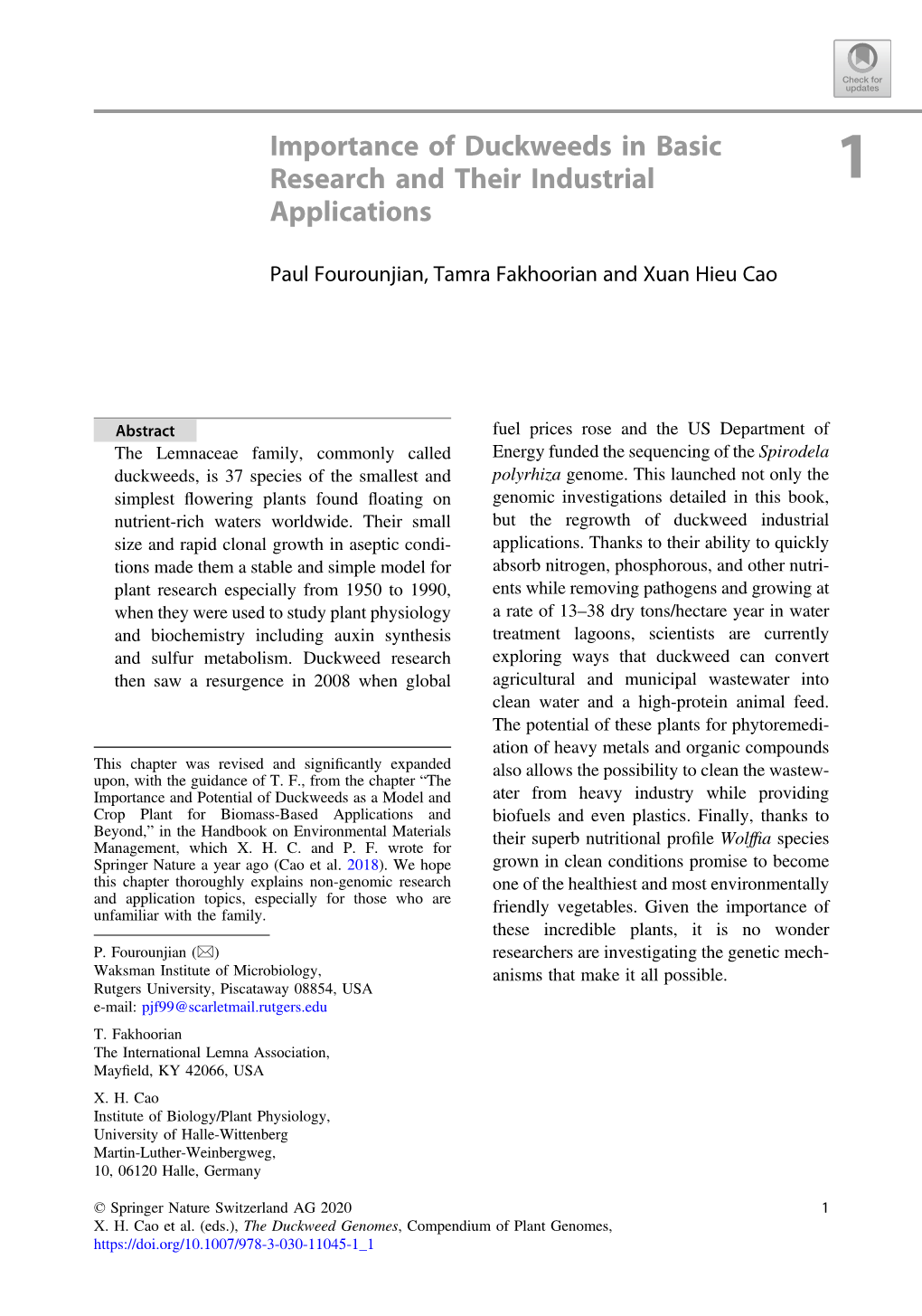 Importance of Duckweeds in Basic Research and Their Industrial 1 Applications