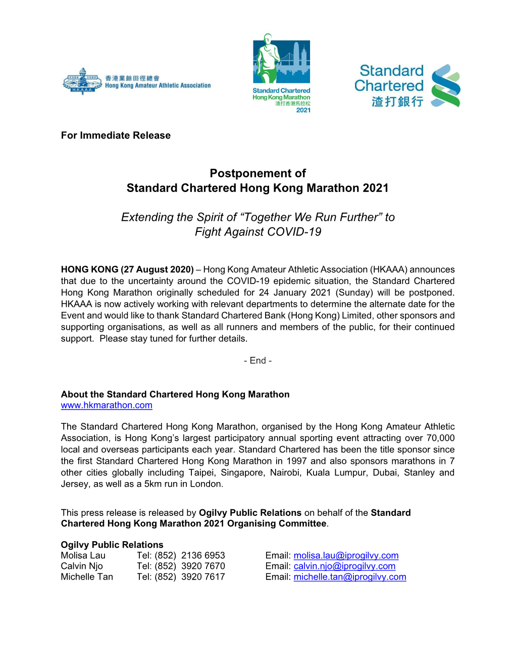 Postponement of Standard Chartered Hong Kong Marathon 2021