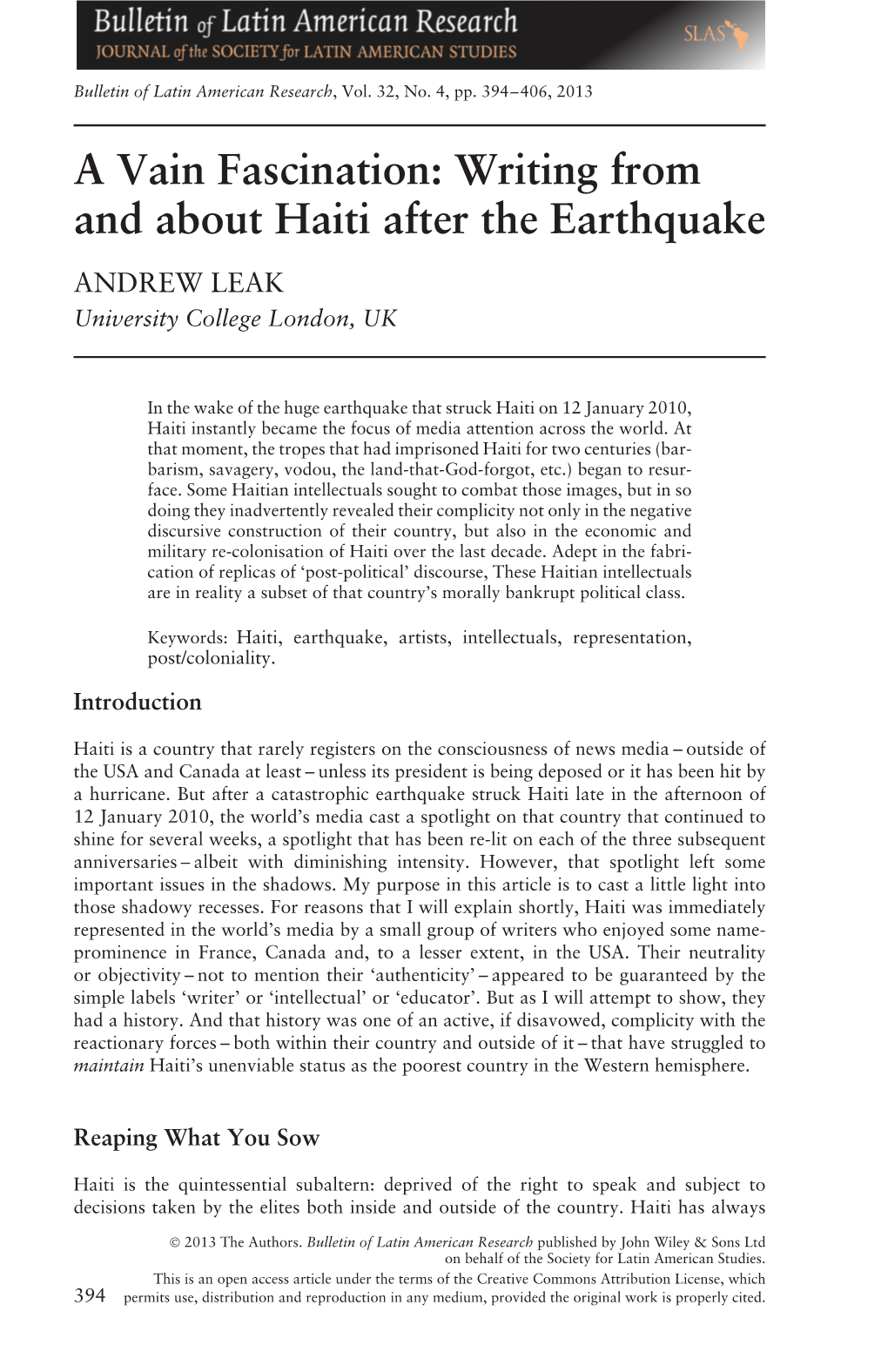 A Vain Fascination: Writing from and About Haiti After the Earthquake ANDREW LEAK University College London, UK