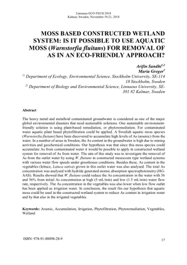 MOSS BASED CONSTRUCTED WETLAND SYSTEM: IS IT POSSIBLE to USE AQUATIC MOSS (Warnstorfia Fluitans) for REMOVAL of AS in an ECO-FRIENDLY APPROACH?