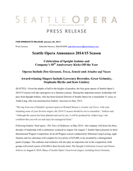 Seattle Opera Announces 2014/15 Season