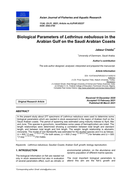 Biological Parameters of Lethrinus Nebulosus in the Arabian Gulf on the Saudi Arabian Coasts