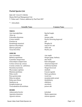 Squaw Valley Creek Partial Species List