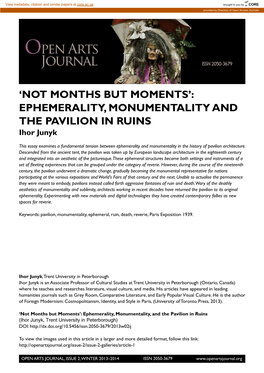EPHEMERALITY, MONUMENTALITY and the PAVILION in RUINS Ihor Junyk