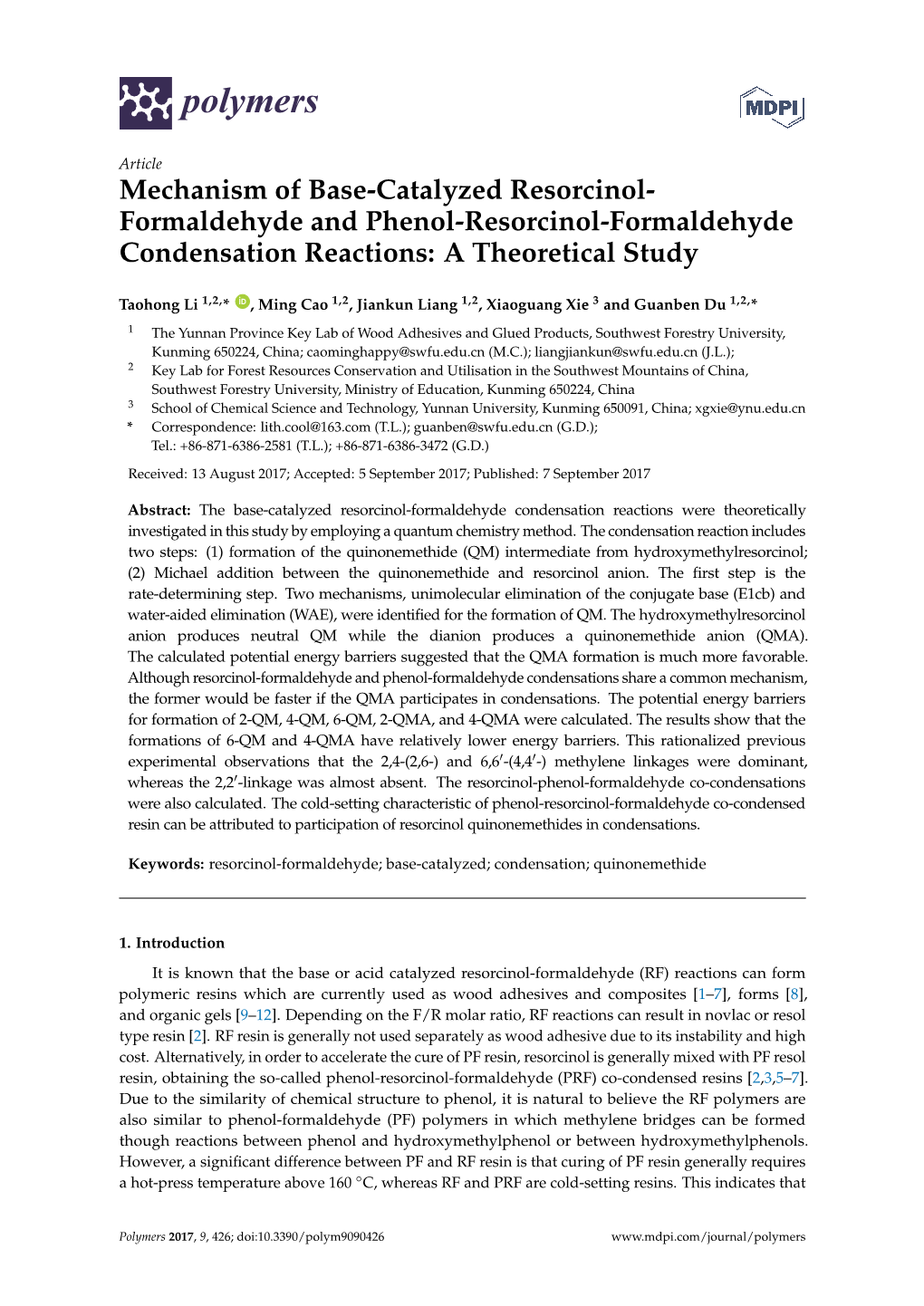 Mechanism of Base-Catalyzed Resorcinol- Formaldehyde and Phenol-Resorcinol-Formaldehyde Condensation Reactions: a Theoretical Study