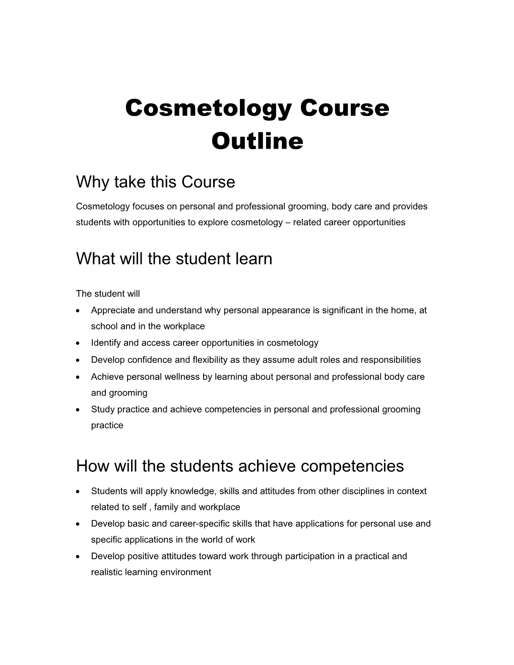 Cosmetology Course Outline