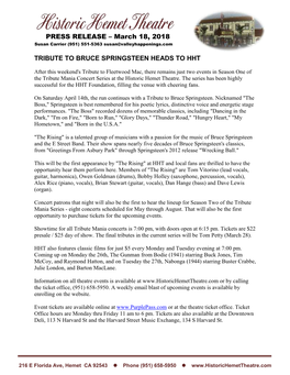 Tribute to Bruce Springsteen Heads to Hht