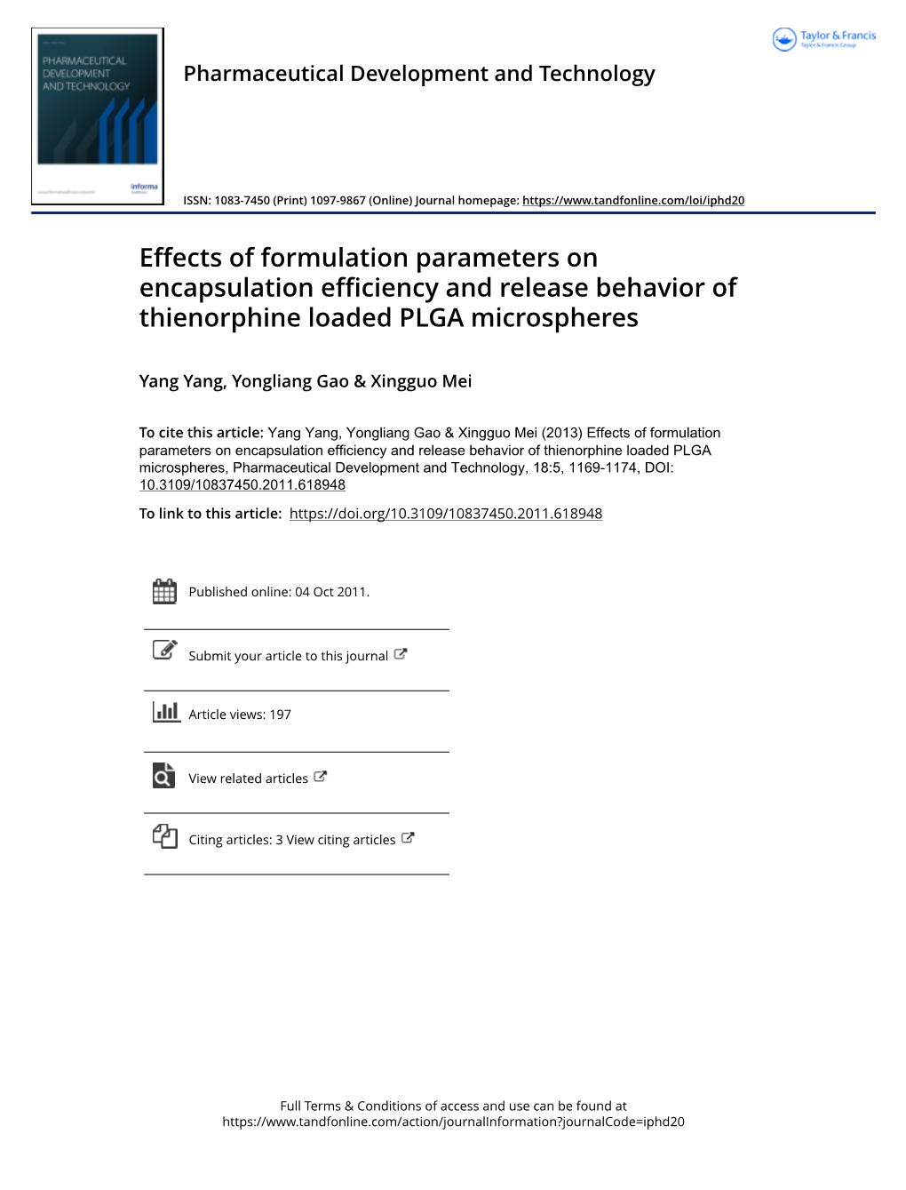 Effects of Formulation Parameters on Encapsulation Efficiency and Release Behavior of Thienorphine Loaded PLGA Microspheres