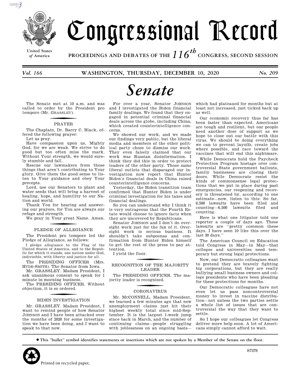 Congressional Record United States Th of America PROCEEDINGS and DEBATES of the 116 CONGRESS, SECOND SESSION