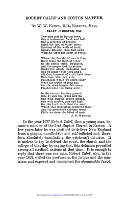 ROBERT CALEF and COTTON MATHER. in the Year 1677 Robert