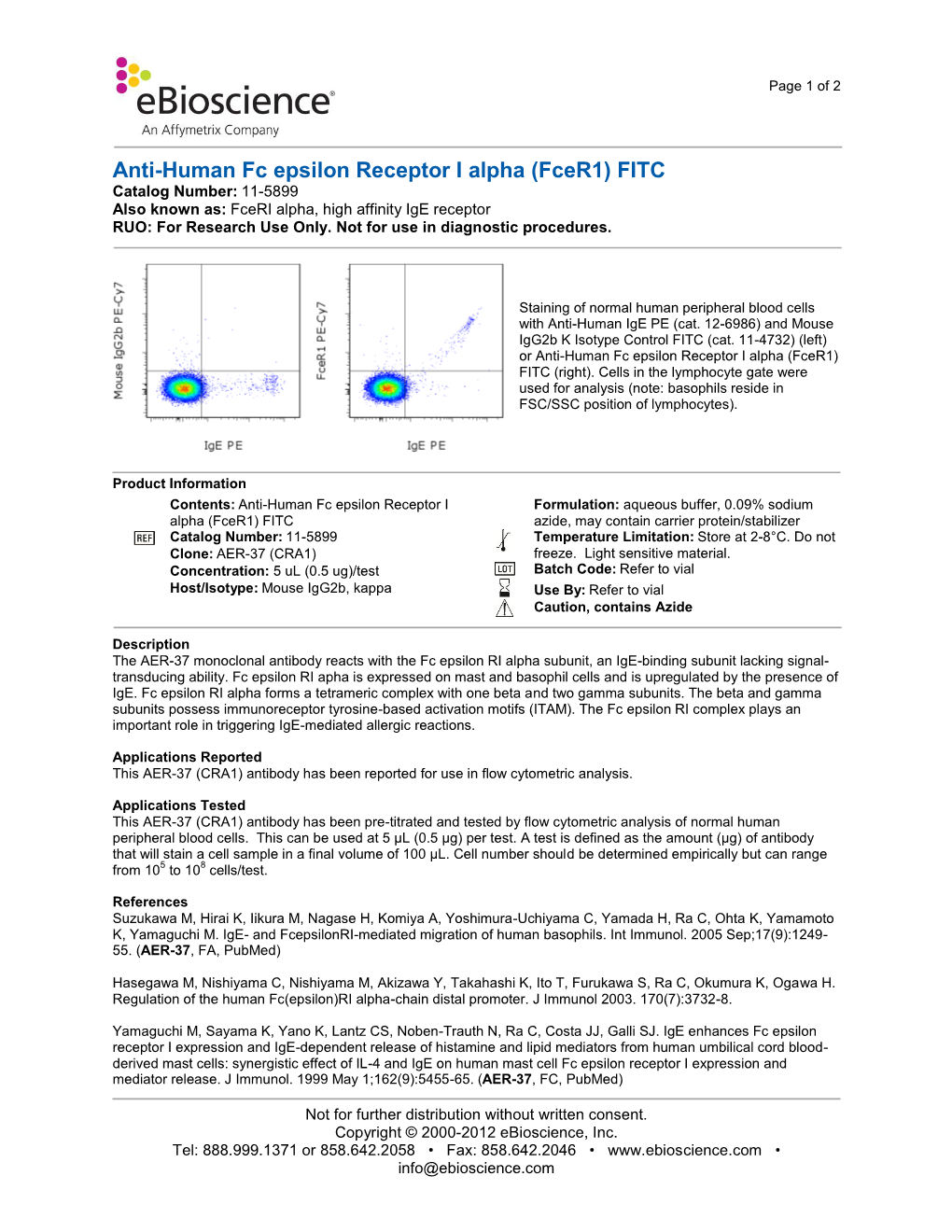 Anti-Human Fc Epsilon Receptor I Alpha (Fcer1) FITC Catalog Number: 11-5899 Also Known As: Fceri Alpha, High Affinity Ige Receptor RUO: for Research Use Only