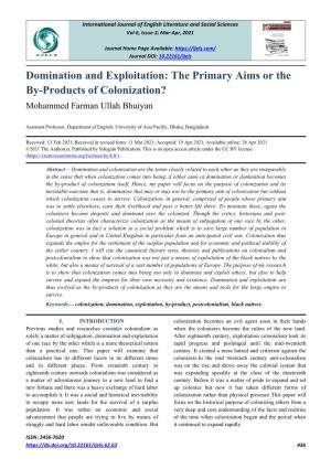 Domination and Exploitation: the Primary Aims Or the By-Products of Colonization? Mohammed Farman Ullah Bhuiyan