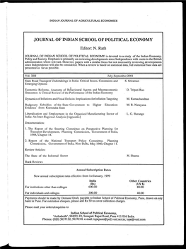 JOURNAL of INDIAN SCHOOL of POLITICAL ECONOMY Editor