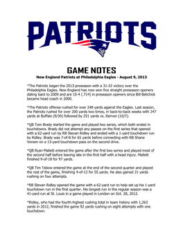 Patriots at Philadelphia Game Notes