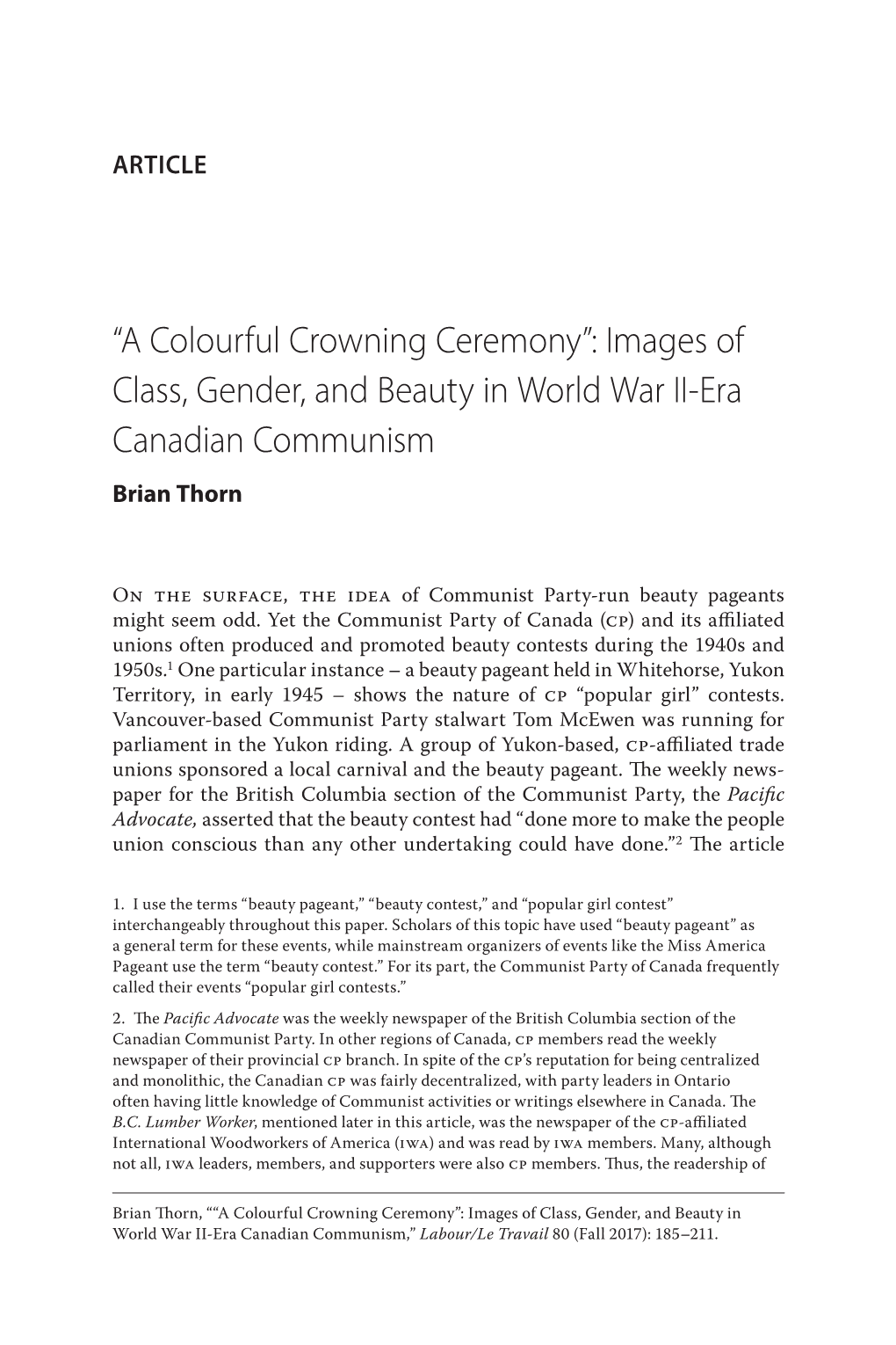 Images of Class, Gender, and Beauty in World War II-Era Canadian Communism Brian Thorn