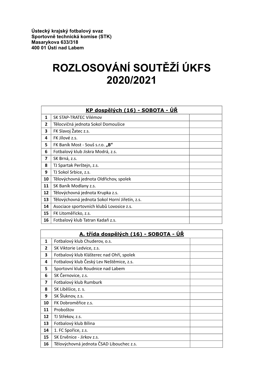 Rozlosování Soutěží Úkfs 2020/2021