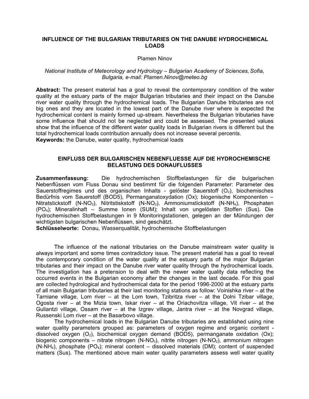 Influence of the Bulgarian Tributaries on the Danube Hydrochemical Loads