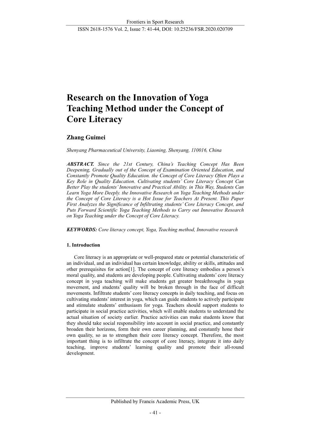 Research on the Innovation of Yoga Teaching Method Under the Concept of Core Literacy