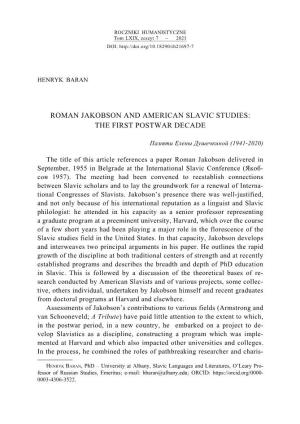 Roman Jakobson and American Slavic Studies: the First Postwar Decade