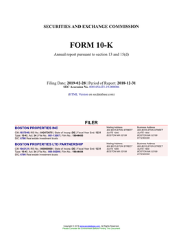 BOSTON PROPERTIES INC Form 10-K Annual Report Filed 2019-02-28