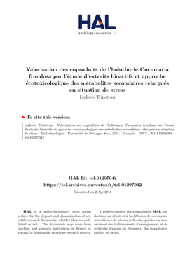 Valorisation Des Coproduits De L'holothurie Cucumaria Frondosa Par L'étude D'extraits Bioactifs