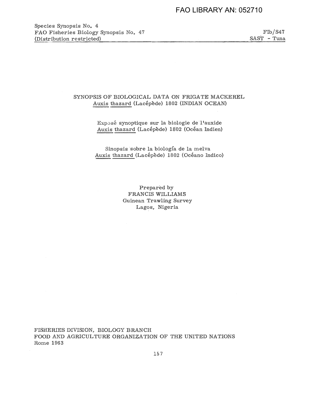 Synopsis of Biological Data on Frigate Mackerel Auxis Thazard (Lacépède
