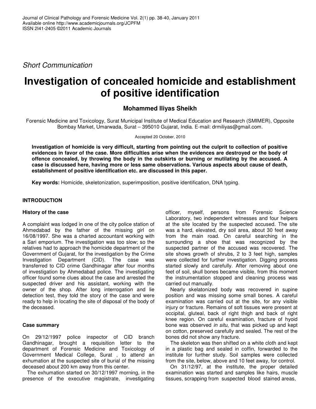 Investigation of Concealed Homicide and Establishment of Positive Identification