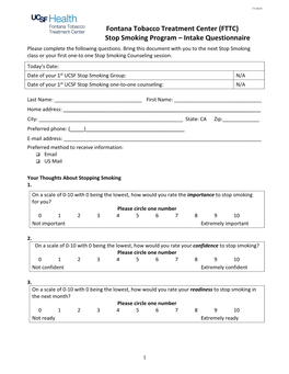 Stop Smoking Program – Intake Questionnaire Please Complete the Following Questions