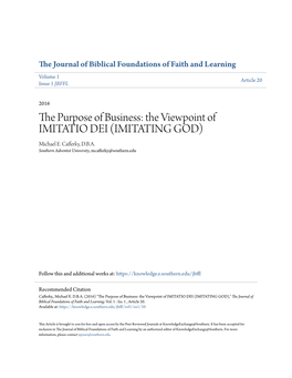 The Purpose of Business: the Viewpoint of IMITATIO DEI (IMITATING GOD) Michael E