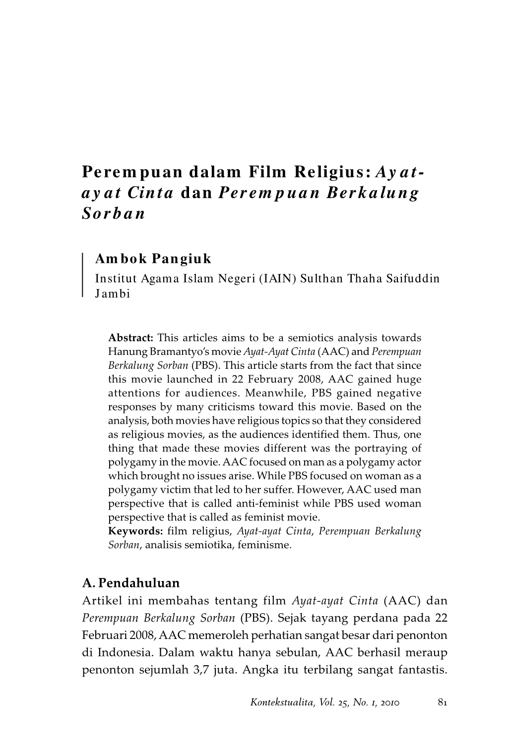 Perempuan Dalam Film Religius: Ayat- Ayat Cinta Dan Perempuan Berkalung Sorban