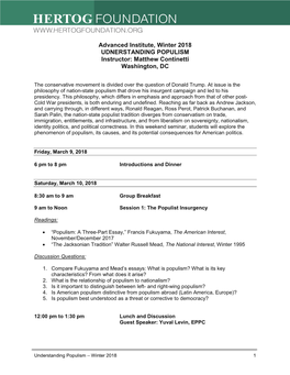 Advanced Institute, Winter 2018 UDNERSTANDING POPULISM Instructor: Matthew Continetti Washington, DC