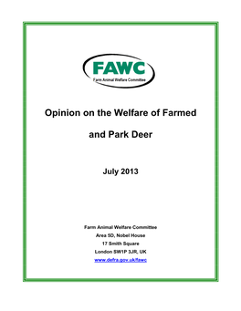 FAWC Opinion on the Welfare of Farmed and Park Deer