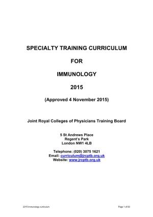 Specialty Training Curriculum for Immunology 2015