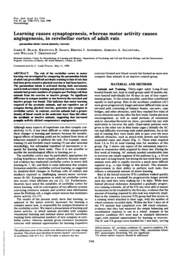 Learning Causes Synaptogenesis, Whereas Motor Activity Causes Angiogenesis, in Cerebellar Cortex of Adult Rats (Paramedian Lobule/Neural Plasticity/Exercise) JAMES E