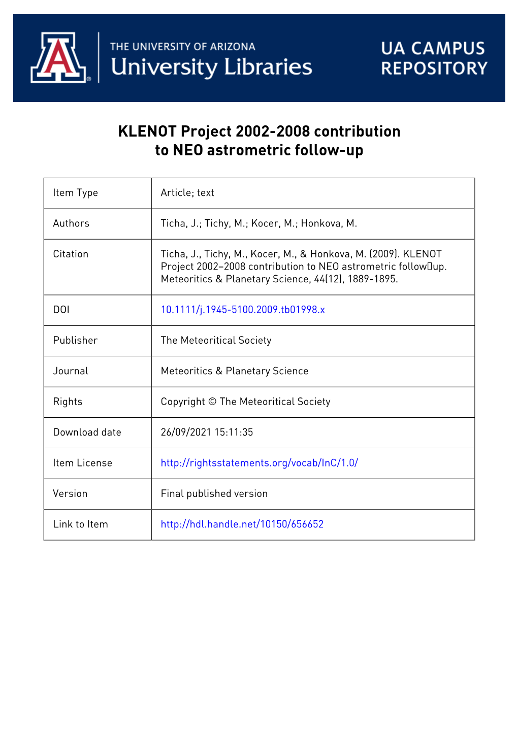 KLENOT Project 2002–2008 Contribution to NEO Astrometric Follow￿up