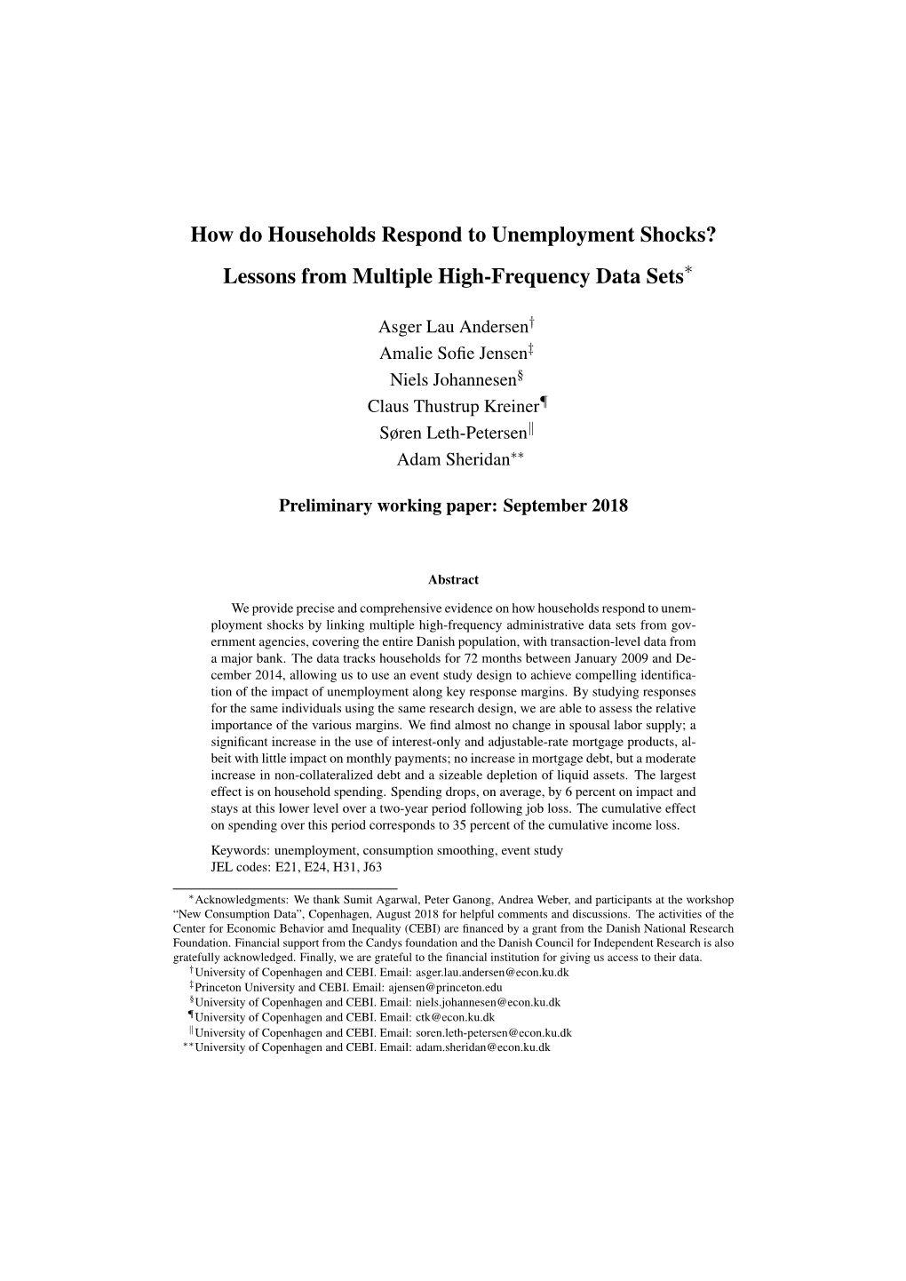 How Do Households Respond to Unemployment Shocks? Lessons from Multiple High-Frequency Data Sets∗