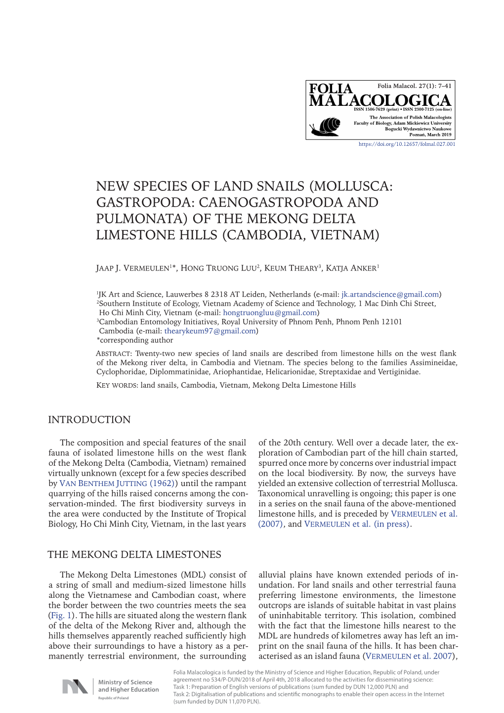 New Species of Land Snails (Mollusca: Gastropoda: Caenogastropoda and Pulmonata) of the Mekong Delta Limestone Hills (Cambodia, Vietnam)