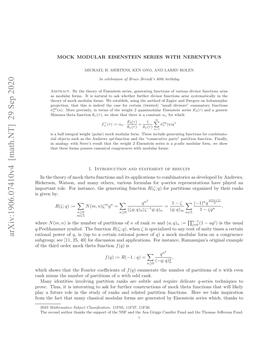 Arxiv:1906.07410V4 [Math.NT] 29 Sep 2020 Ainlpwrof Power Rational Ftetidodrmc Ht Function Theta Mock Applications