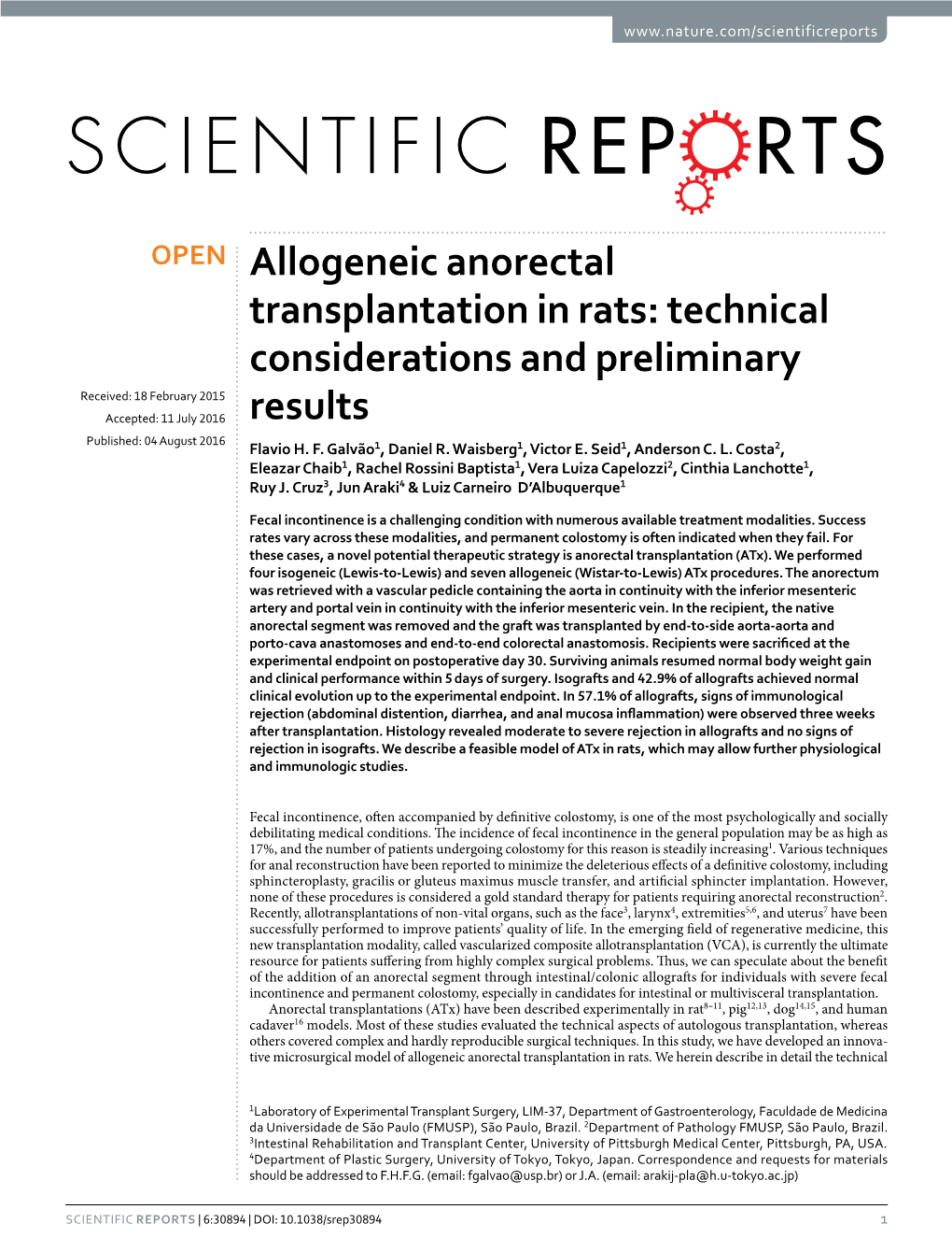 Allogeneic Anorectal Transplantation in Rats