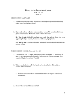 Living in the Promises of Jesus Acts 23-24 Lesson 16