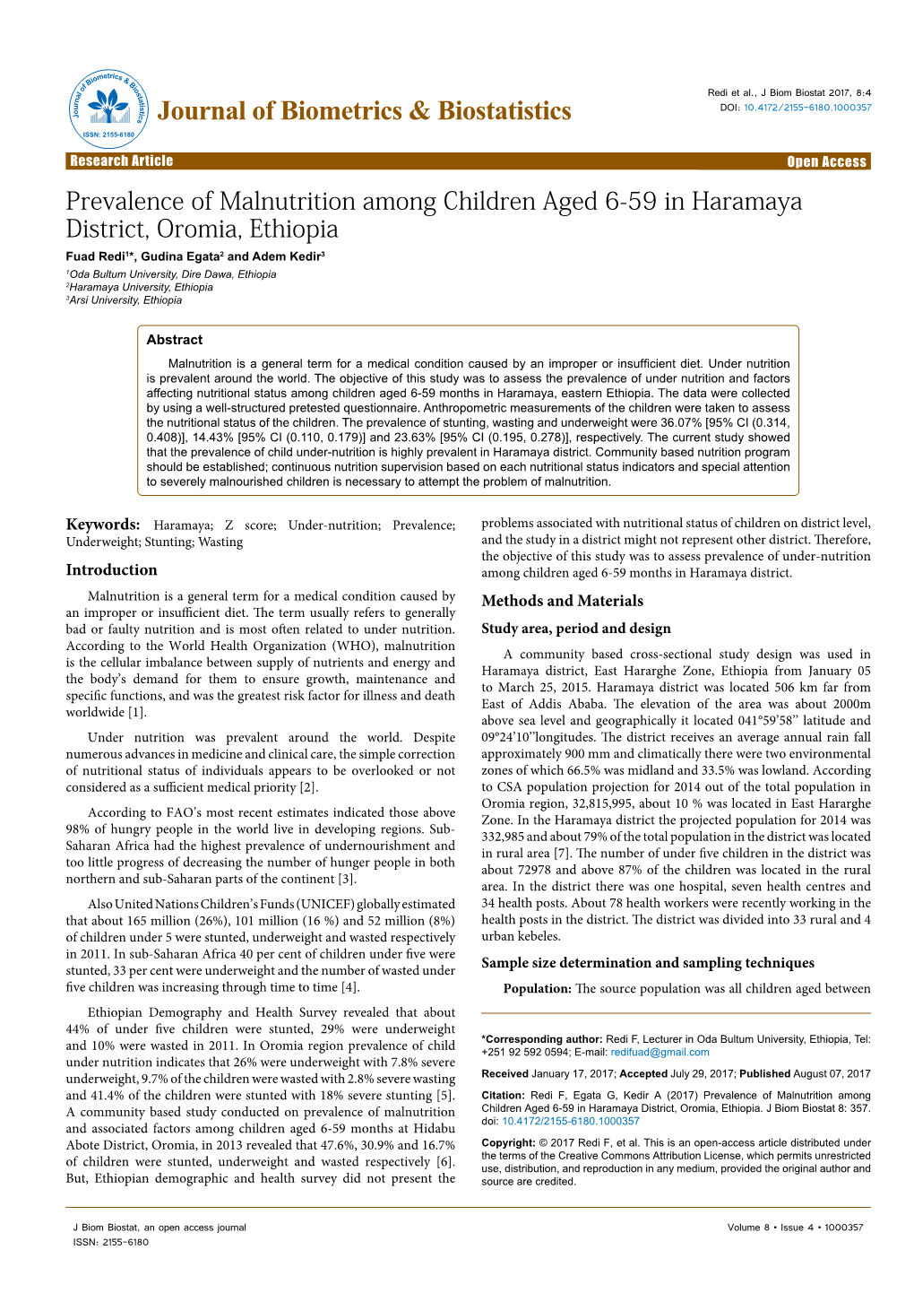 Prevalence of Malnutrition Among Children Aged 6-59 in Haramaya