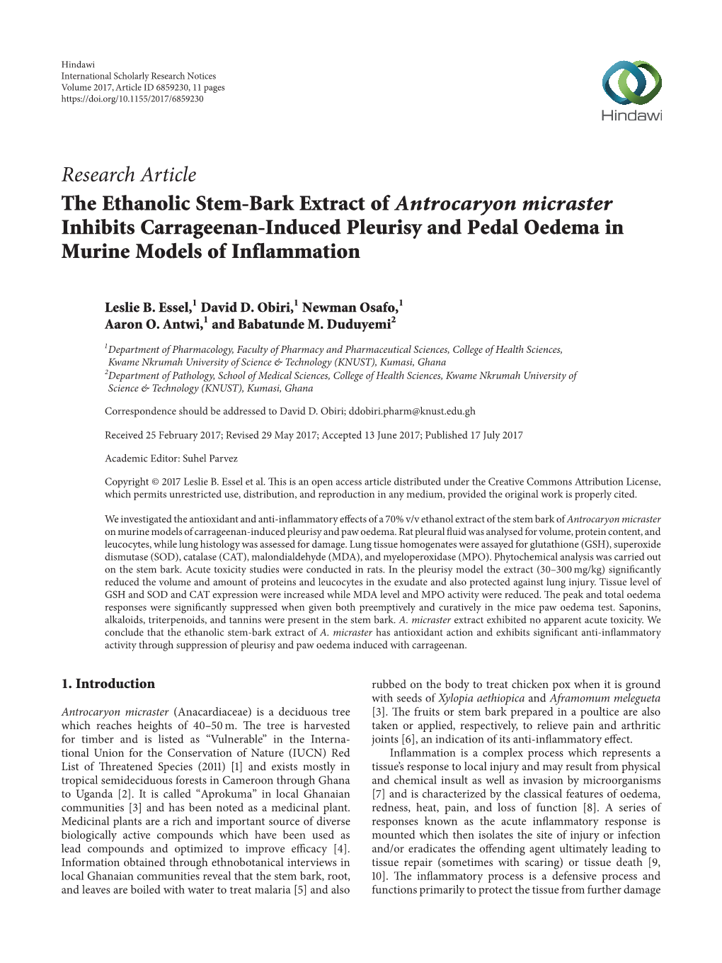 The Ethanolic Stem-Bark Extract of Antrocaryon Micraster Inhibits Carrageenan-Induced Pleurisy and Pedal Oedema in Murine Models of Inflammation