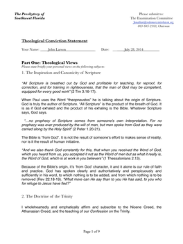 Theological Conviction Statement SWFL Presbytery July