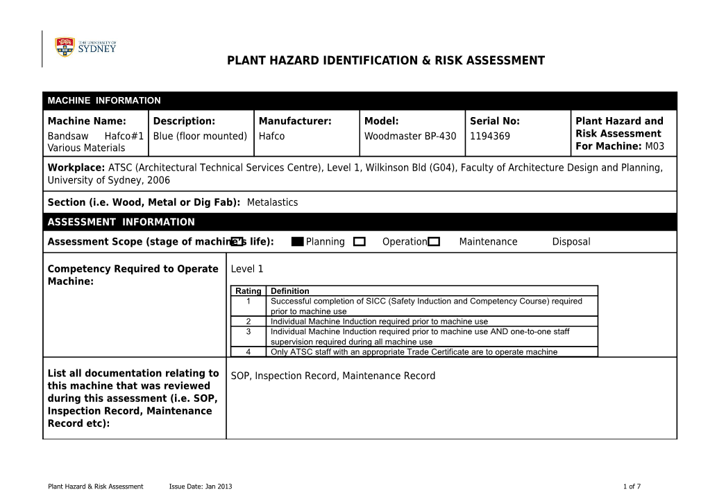 Plant Hazard & Risk Assessment Issue Date: Jan 2013 1 of 6