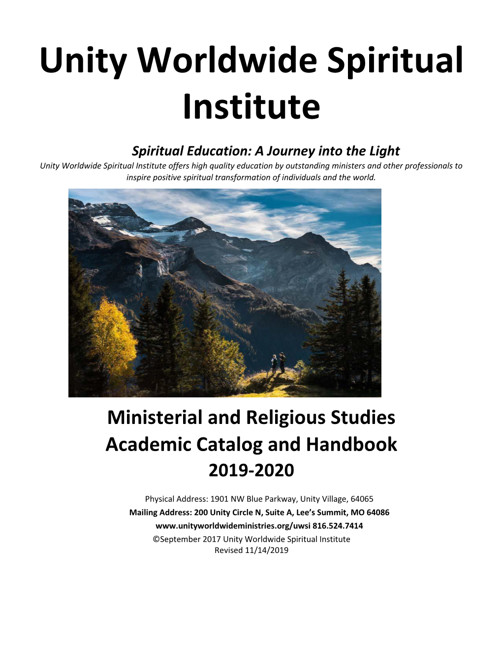 Ministerial and Religious Studies Academic Catalog and Handbook 2019-2020